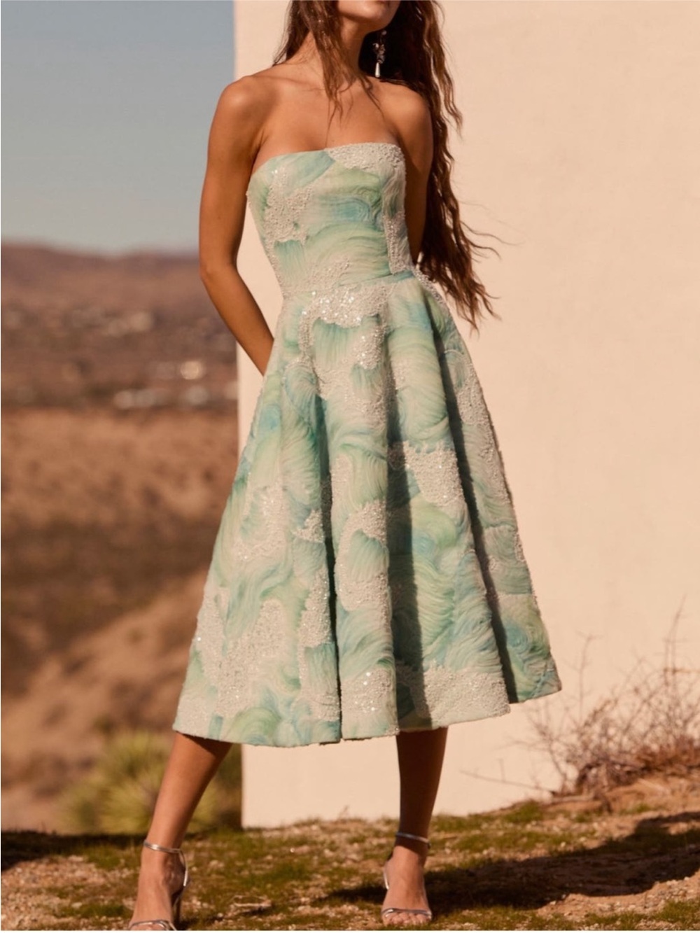 HELSI Vivi Bead Detail Print Strapless Cocktail Midi Dress Seafoam Green